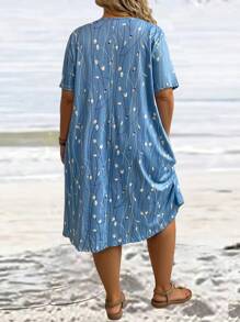 EMERY ROSE Plus Size Summer Floral Printed Short Sleeve Dress - Blue - View 2