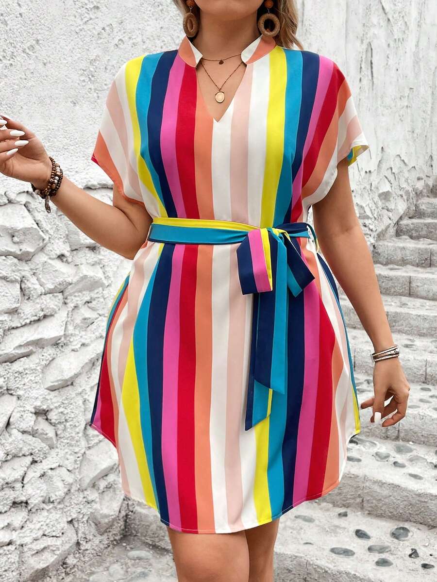 SHEIN Holidaya Plus Size Sọc đầy màu sắc & Váy thắt lưng tay cánh dơi in màu va chạm - Nhiều màu - Xem 1
