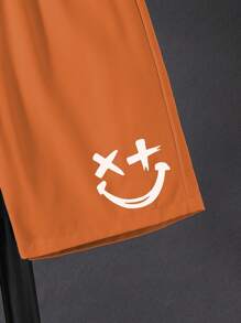 SHEIN Tween Boys' Plain Top And Print Shorts Set - Orange - View 3