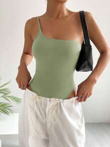 SHEIN EZwear One Shoulder Slim Fit Bodysuit - Green - View 4