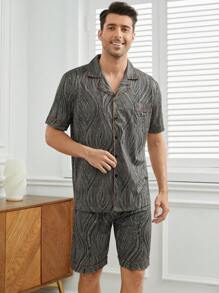 Men's Botanical Print Short Sleeve T-Shirt And Shorts Pajama Set - Black and White - View 6