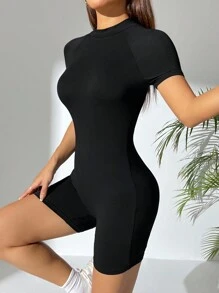 SHEIN PETITE Plain Color Tight-Fitting Jumpsuit Unitard With Raglan Sleeve - Black - View 5