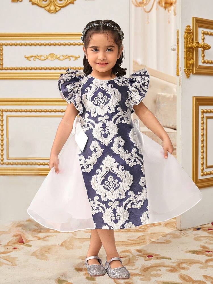 Young Girl's Cap Sleeve Round Neckline Bowknot Detail Jacquard Organza Colorblock Dress