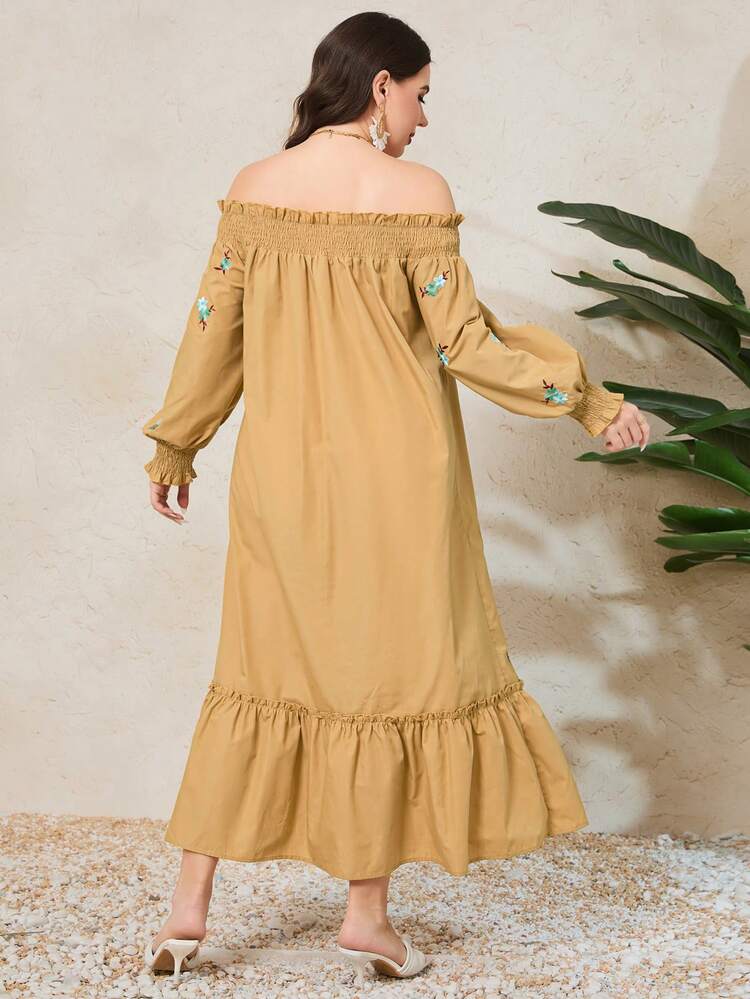 Plus Size Off Shoulder Lantern Sleeve, Shirred Panelled, Ruffle Hem Dress