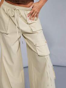 SHEIN BAE Solid Color Apricot Elastic Waist Cargo Style Wide Leg Pants With 3D Pockets, Low Waist, Perfect As Summer Bottoms, Summer Pants Fashion