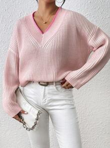Chiquease Sweater Casual De Cuello En V De Mujer Con Hombros Caídos