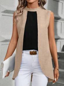 SHEIN LUNE Colorblock Stand Collar Sleeveless Asymmetric Hem Blouse Women Shirt - Apricot - View 4