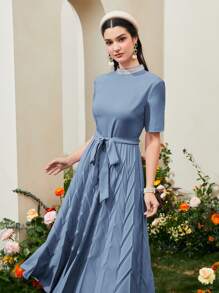 Modelyn 女士串珠裝飾立領連衣裙 - 藍色 - 查看 3