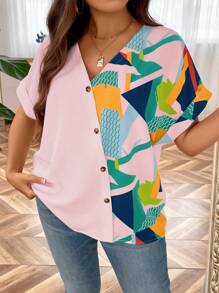 SHEIN LUNE Women's Plus Size Geometric Patchwork Batwing Short Sleeve Blouse With Printed Detail - Multicolor - View 5