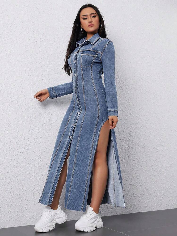 Ladies' Thigh-High Slit Denim Dress With Front Buttons