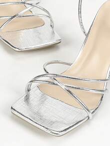女士高跟涼鞋,銀色方頭,針跟,開襠,性感帶狀高跟鞋,時尚女鞋 - 銀色 - 查看 4