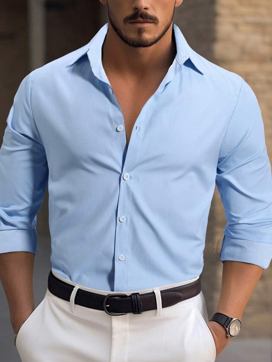 Manfinity Mode 男士纯色纯色休闲长袖衬衫 送给男朋友的礼物 - 淺藍色 - 查看 1