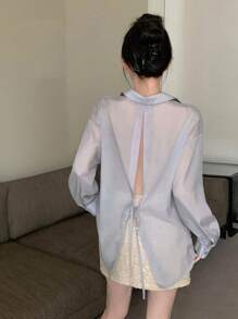 Dazy Designer 女式配領長袖襯衫,後開叉設計 - 紫色 - 查看 5