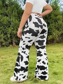SHEIN Qutie Kích thước lớn Đen & Trắng In hoa bò Quần ống loe - Đen và trắng - Xem 3