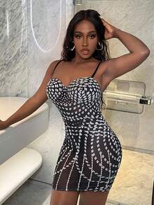 Slaydiva 女士性感仿水晶透明细肩带紧身迷你连衣裙 - 黑色 - 查看 4