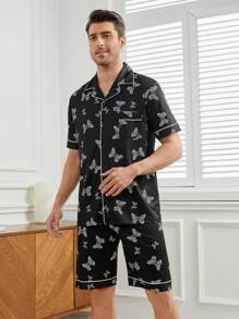 Men's Butterfly Printed Color Block Piping Trim Homewear Set - Black - View 3