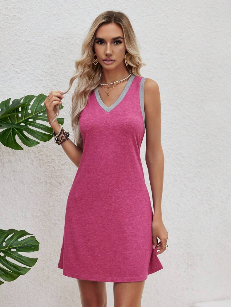 SHEIN LUNE Robe décontractée sans manches à blocs de couleur tricotés - Fushia - Voir 4