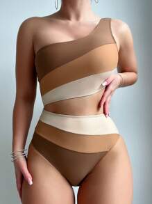 SHEIN Swim Women's Color Block One Shoulder Cut Out Patchwork Fashionable One-Piece Swimsuit Bathing Suit For Swimming, Vocation, Summer Beach