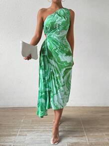 Chiquease Tie Dye Hollow Out One Shoulder Pleated Dress - Green - View 7