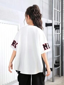 SHEIN 青少年女孩寬鬆短袖普通上衣,印有街頭風格字母印花,適合春夏運動穿著 - 黑色 - 查看 2