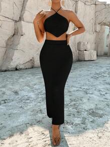 Breezaya Casual Asymmetrical Hem Cami Top And Bodycon Skirt Set For Vacation - Black - View 3