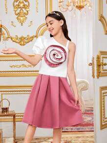 SHEIN Tween Girl Twin Girl's Casual Two Piece Set, One Shoulder Puff Sleeve Top & A-Line Skirt With 3d Floral Embellishment
