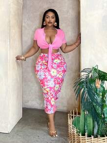 Slaydiva Bộ đồ nghỉ mát mùa hè cỡ lớn cho nữ, áo crop top buộc nơ phía trước màu hồng và chân váy midi in hoa - Hồng - Xem 5