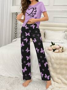Women's Heart & Butterfly Print Short Sleeve Round Neck Top And Long Pants Pajamas Set - Purple - View 3