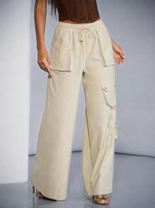 SHEIN BAE Solid Color Apricot Elastic Waist Cargo Style Wide Leg Pants With 3D Pockets, Low Waist, Perfect As Summer Bottoms, Summer Pants Fashion