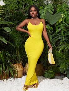 Slaydiva Mùa hè Đơn giản Thường ngày Kỳ nghỉ Cổ chữ U Dây rút có gân Slim Fit Váy ba lỗ dành cho nữ - Màu vàng - Xem 7