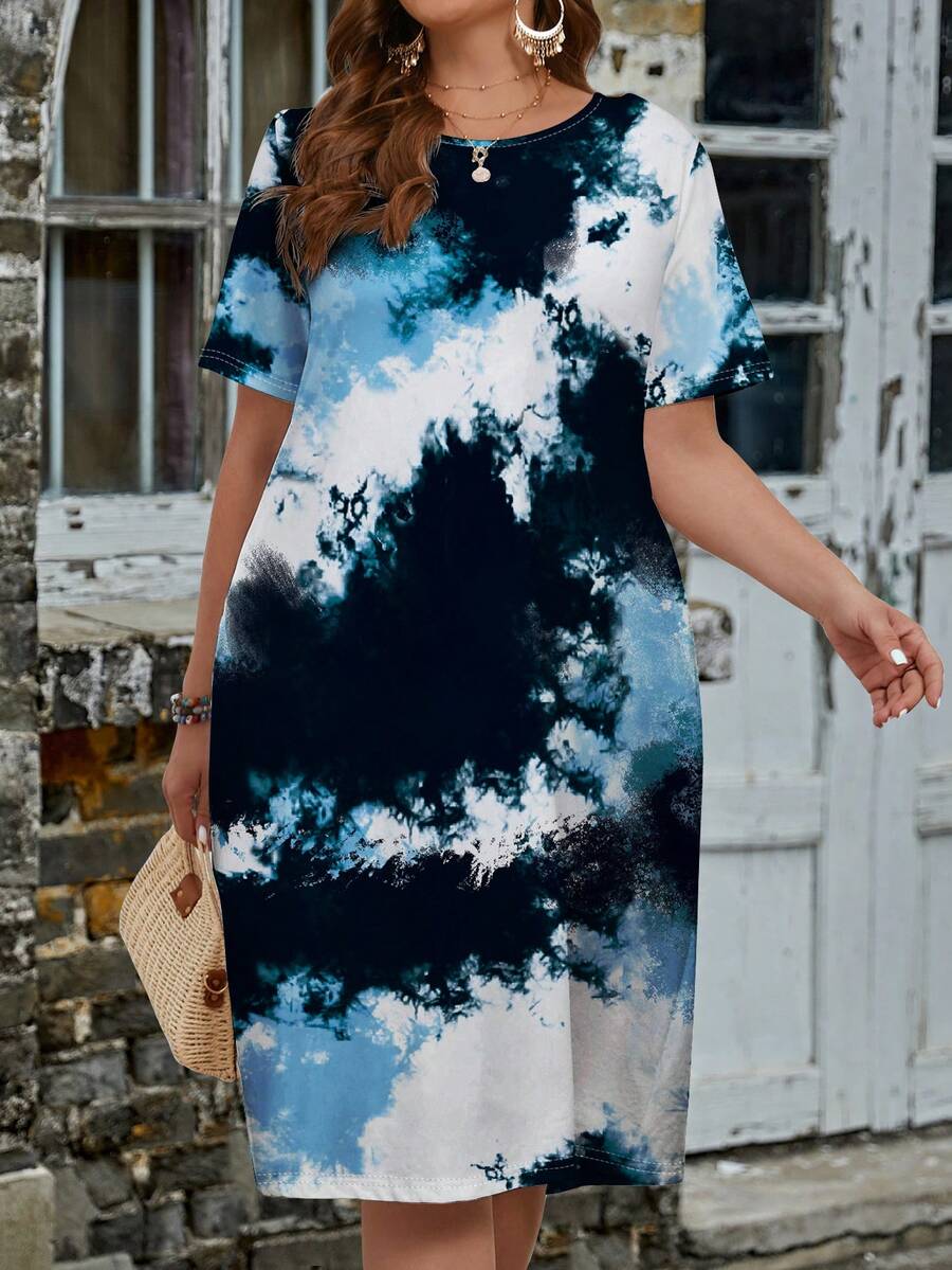 EMERY ROSE 大尺碼女士Tie-Dye膝長假日休閒連體裙，附帶口袋 - 彩色 - 查看 1