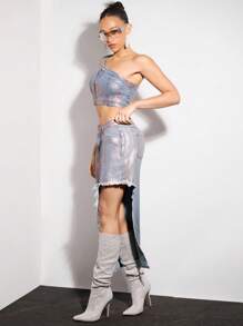 SHEIN BAE 金屬剪裁牛仔裙＆節日服裝＆音樂會服裝＆音樂節 - 藍色 - 查看 3