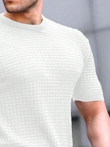Camisa De Manga Corta De Punto Para Hombre De Color Sólido Con Textura - Blanco - Ver 3