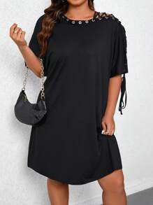 SHEIN LUNE Kích thước lớn Của phụ nữ Rắn lỏng lẻo Màu sắc Đầm Với Buộc Thiết kế - màu đen - Xem 5