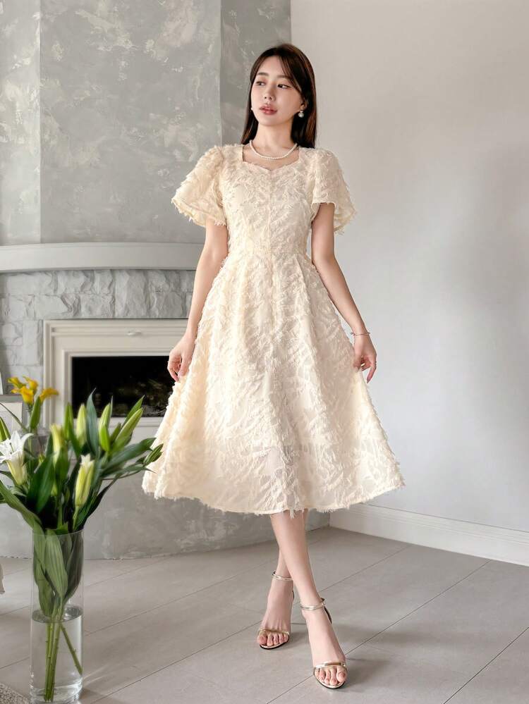 Solid Color Chiffon Dress With Single-Breasted Floral Cut-Outs And A-Line Hem Summer Sundress