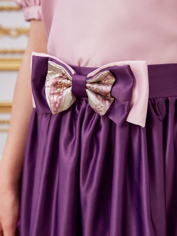 Tween Girl Jacquard Turn-Down Collar Puff Sleeve Shirt And Colorblock A-Line Skirt Two-Piece Set