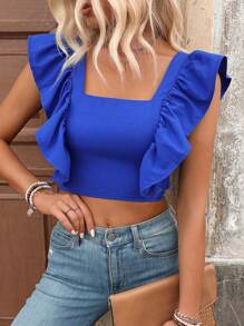 SHEIN Clasi 女士纯色方领荷叶袖衬衫