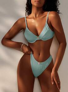 SHEIN Swim Bộ đồ bơi bikini họa tiết hoa ngọt ngào dành cho nữ mùa hè - Màu xanh nhạt - Xem 5