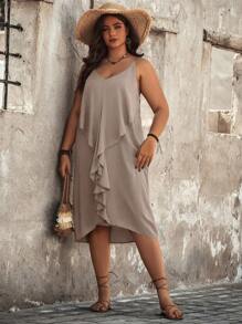 SHEIN Clasi Plus Size Women's Sleeveless Ruffled Hem Sundress - Khaki - View 5