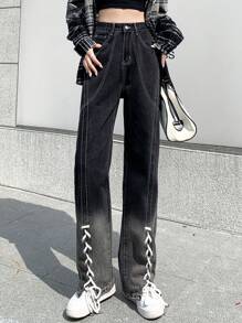 Ladies' Casual Gradient Color Tie Waist Straight Leg Jeans With Split Hem - Black - View 1