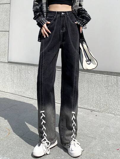 Ladies' Casual Gradient Color Tie Waist Straight Leg Jeans With Split Hem