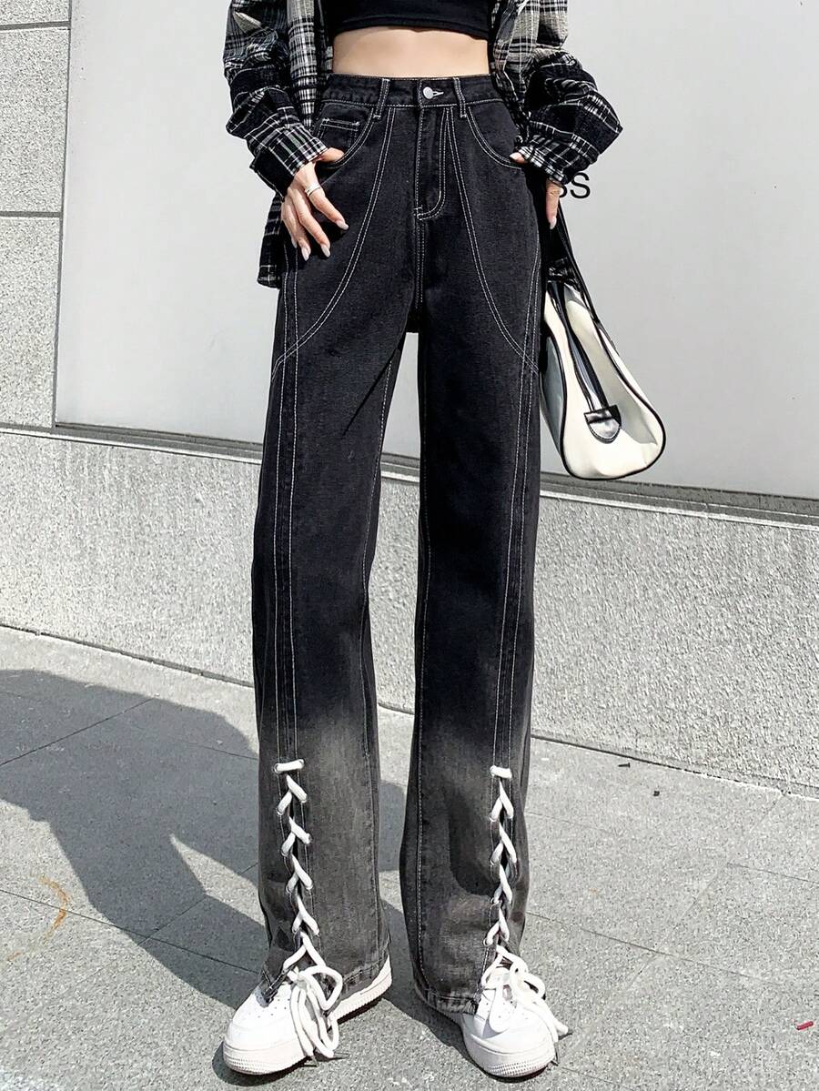 Ladies' Casual Gradient Color Tie Waist Straight Leg Jeans With Split Hem - Black - View 1