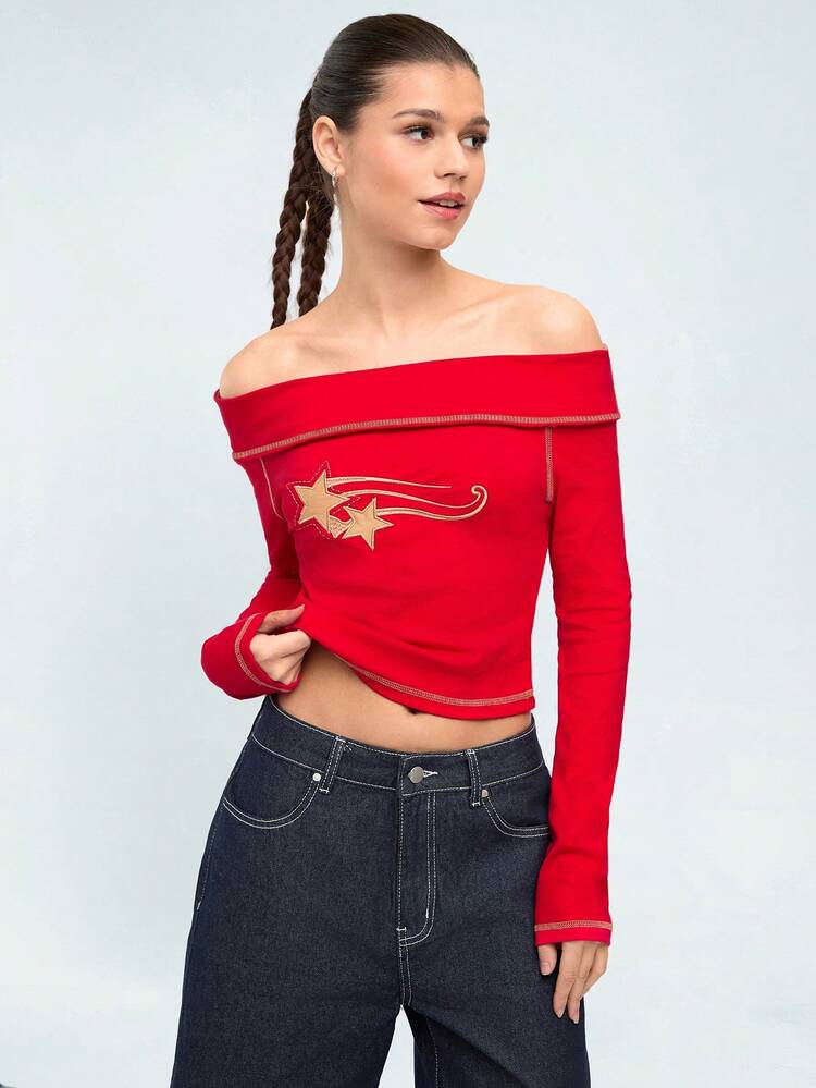 Women's Off Shoulder Star Embroidery Long Sleeve T-Shirt