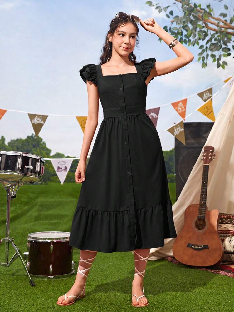 Teen Girl Button Front Waisted Ruffle Sleeve Woven Vacation Dress