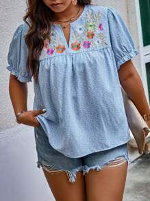 Breezaya 大碼花卉刺繡缺口領泡泡袖襯衫 - 藍色 - 查看 3