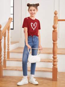 SHEIN Tween Girl Dệt Kim Trái Tim In Hình Cong Viền Áo Thun Nữ Tay Ngắn Đơn Giản Với Vai Cut Out Và Chi Tiết Xoắn - Màu Đỏ Sâu - Xem 3