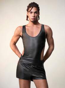 FeverCity Men's Sleeveless Stretchy Faux Leather Side Split Tank Top And Shorts Set - Black - View 5