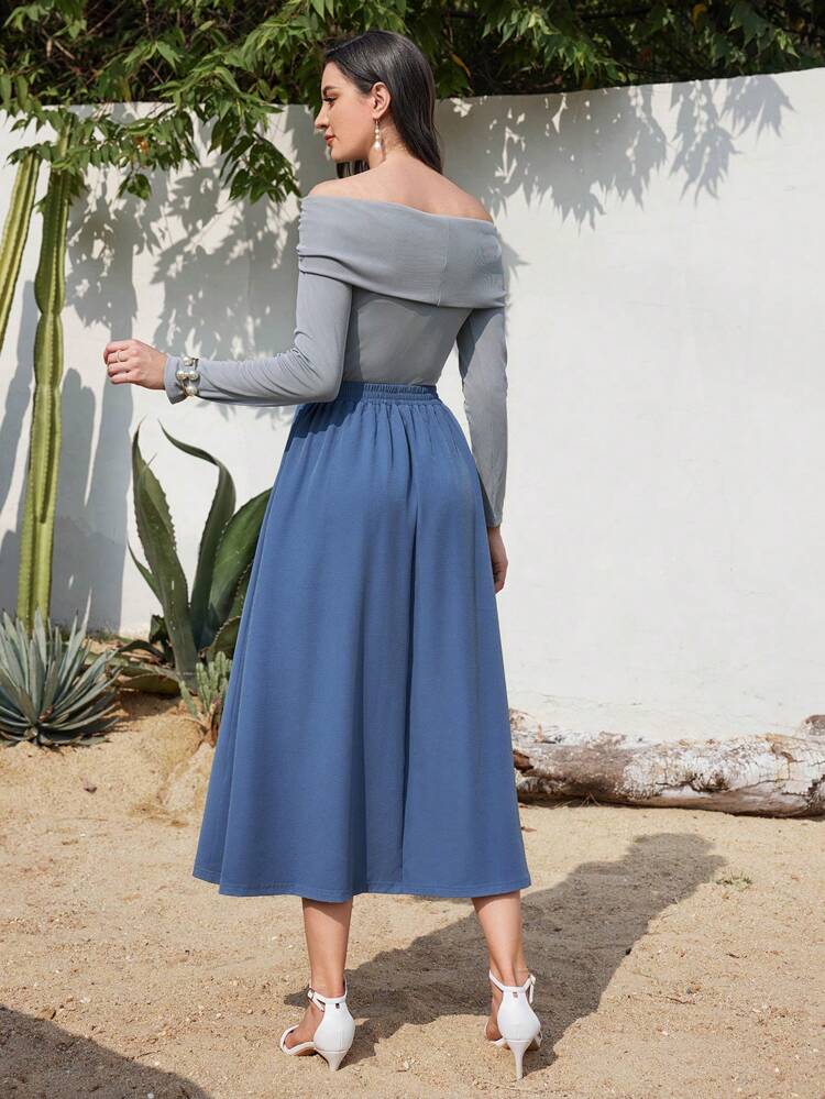 Ladies' Off Shoulder Top And Skirt Set In Color Blocking 2 Piece Set