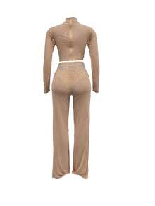 Women's Solid Color Mesh Rhinestone Sequin Long Sleeve & Long Pants 2 Pieces Set, Birthday Party, Formal Evening Gown - Apricot - View 4