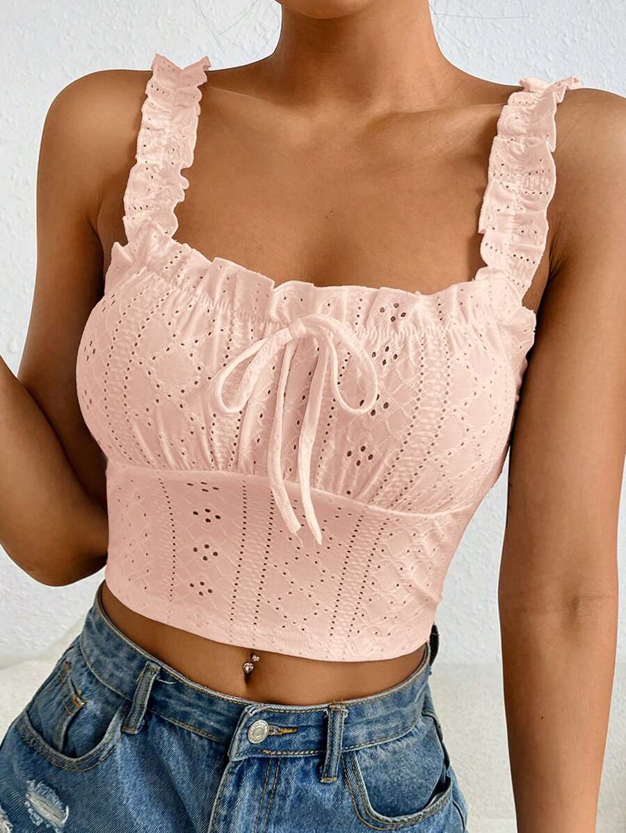 SHEIN EZwear 女士无袖针织背心,带荷叶边细节 - 珊瑚粉 - 查看 1